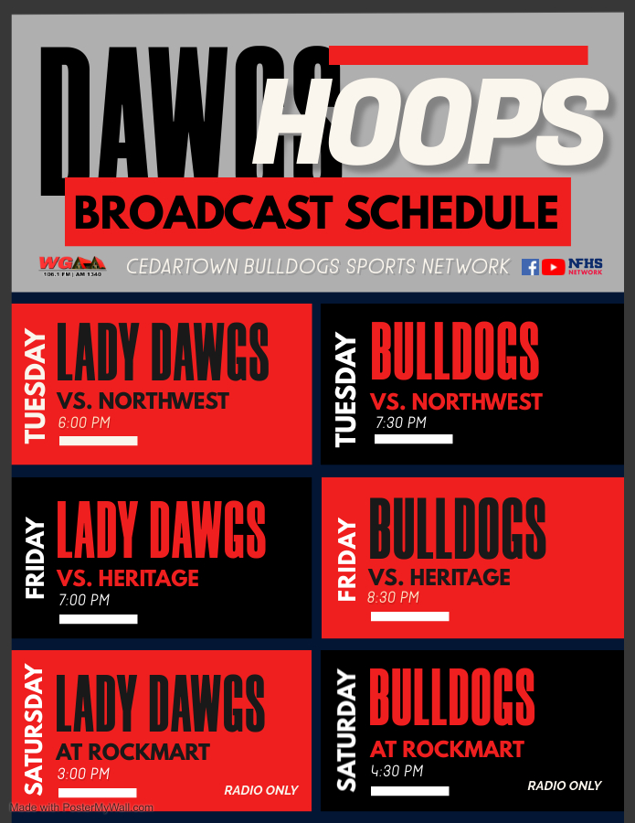 WGAA Radio (@wgaaradio) on Twitter photo A full week of exciting <a href="/CedartownHS/">Cedartown_HS</a> Basketball on the Bulldogs Sports Net! Two consecutive home games at the Dawg House and then a showdown at the Rock on Saturday! <a href="/CedartownHoops/">Cedartown Boys Basketball</a> #GoDawgs A full week of exciting <a href="/CedartownHS/">Cedartown_HS</a> Basketball on the Bulldogs Sports Net! Two consecutive home games at the Dawg House and then a showdown at the Rock on Saturday! <a href="/CedartownHoops/">Cedartown Boys Basketball</a> #GoDawgs