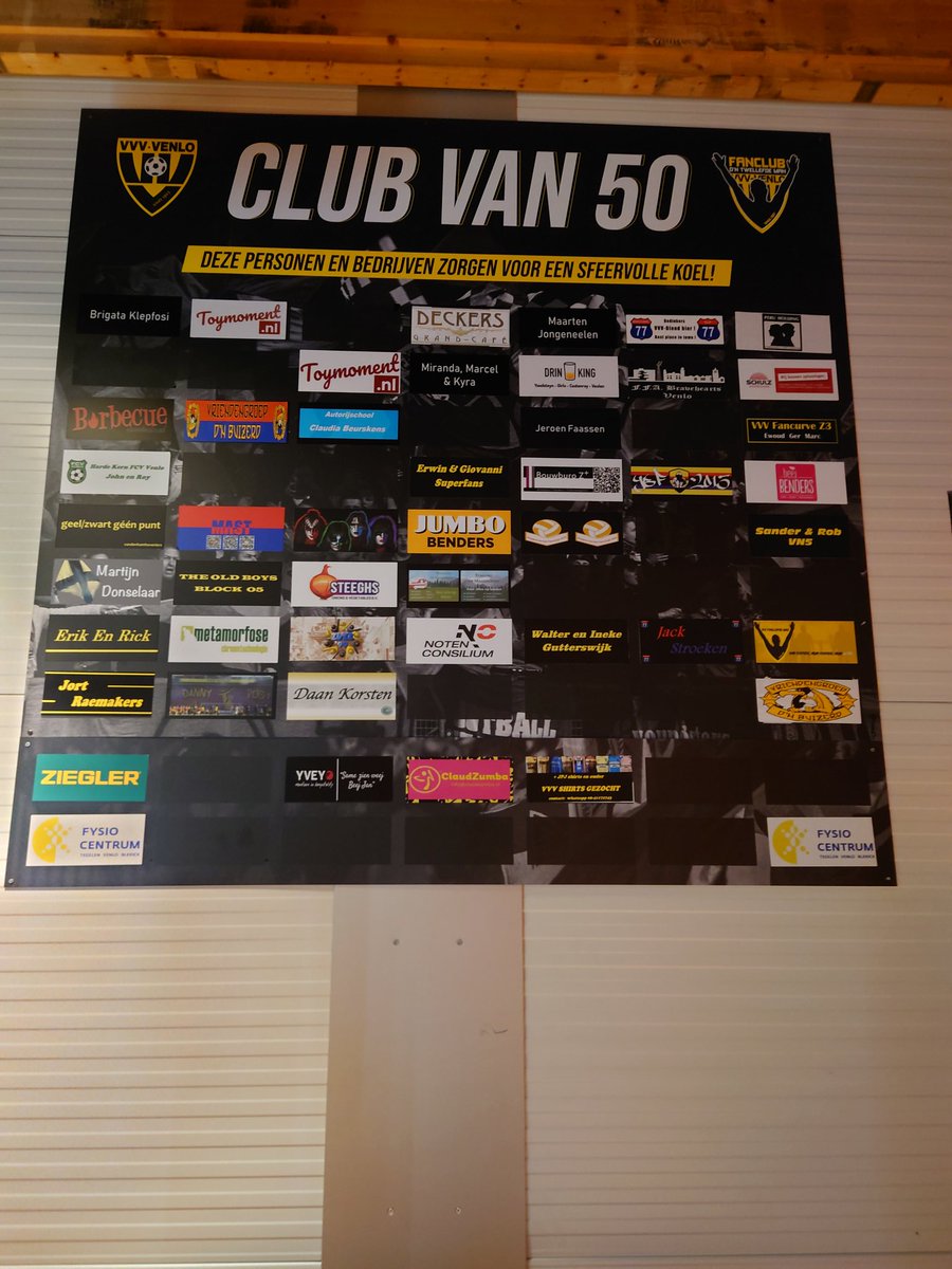 Er is nog plaats op de wand van Club van 50. Voor €100,00 per seizoen kun jij er ook op staan en het geld gaat naar de sfeeracties. Voor meer informatie stuur gerust een mailtje naar info@fanclub-vvv.nl.