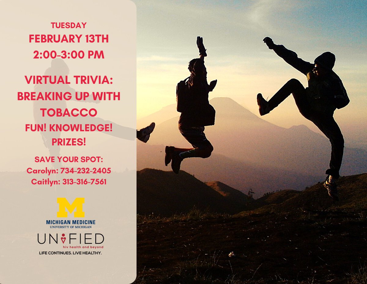 Q: True or False?
Commercial tobacco impacts every organ in the body.

Think you know the answer to this question or other tobacco trivia questions? Join UNIFIED's Tobacco Use Reduction Program and Michigan Medicine for virtual trivia on February 13th. 
#Health #Trivia