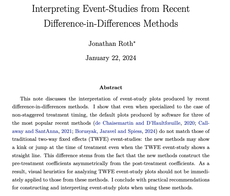 #EconTwitter Have you replaced your dynamic TWFE event-study with an event-study from one of the recent DiD methods for staggered timing? If so, you may be interested in this short note on interpreting event-studies from these new methods. A short 🧵 jonathandroth.com/assets/files/H…