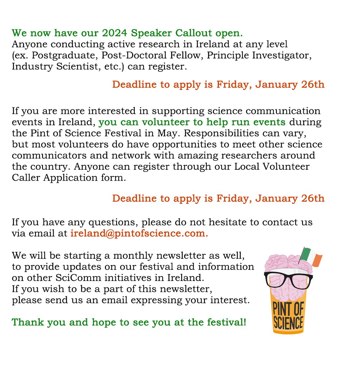 🍺Pint of Science Ireland Festival! More information - pintofscience.ie ⏩Register for Speakers (deadline - January 26th): shorturl.at/klNW3 ⏩Register for Local Volunteers (deadline - January 26th): shorturl.at/yDEFL ⏩Contact: ireland@pintofscience.com