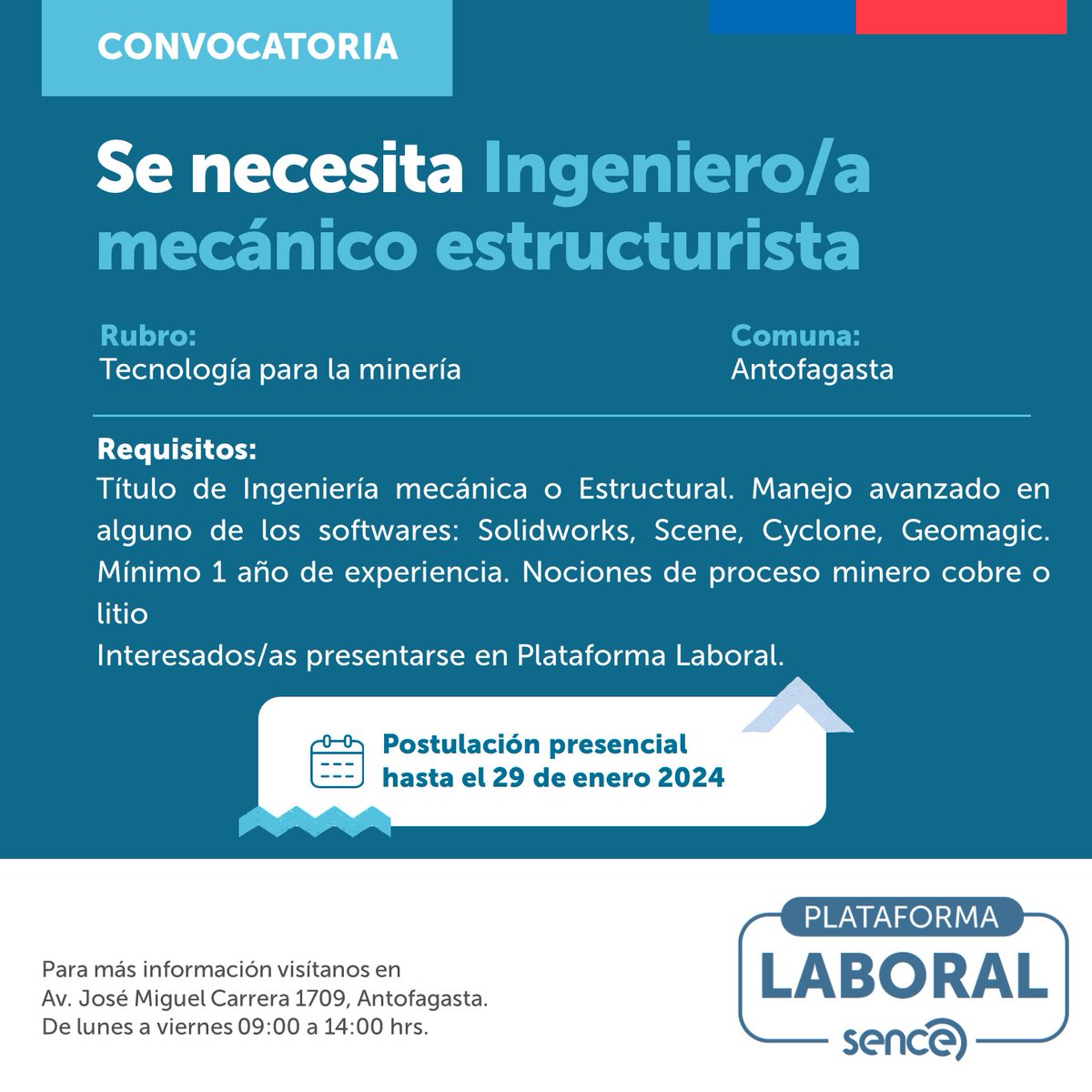 ¡Tenemos ofertas laborales en #Antofagasta!
Las personas interesadas deben presentarse con su CV actualizado, en Avenida José Miguel Carrera 1709 primer piso, Antofagasta, de lunes a viernes de 09.00 a 14.00 hrs.