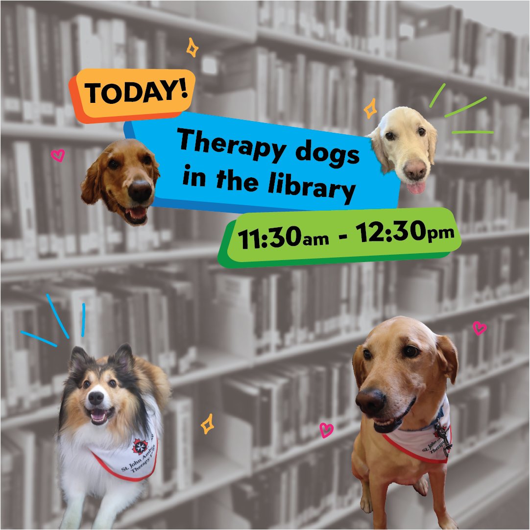 UFVLibrary's tweet photo. If your feeling blue๐, these dogs never judge or tell stories๐ค. #TherapyDogs from @SJA_BCYT are here TODAY in the Abbotsford #UFVLibrary from 11:30-12:30! ๐โ๐ฆบ Be sure to catch their next visit, Tuesday, Jan. 30th๐. https://t.co/Rs9Y0m6btV