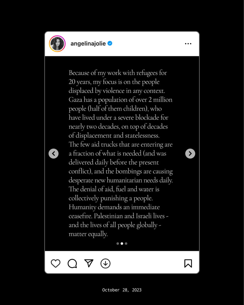 The actress and human rights advocate joined the call for a ceasefire on October 28 in a statement posted to Instagram: