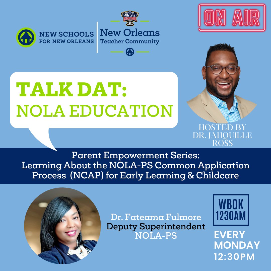 NOLAPSchools's tweet photo. 🎙 Tune in at 12:30 PM today for an exclusive chat with Deputy Superintendent Dr. Fateama Fulmore on WBOK's #TalkDat! 🎙️ Discover the ins and outs of NOLA Public Schools' Early Learning and Childcare application process. 🌟 Don't miss this insightful conversation! #NOLAPS #EarlyLearning #NCAP 🎧
--
🎙 Sintoniza a las 12:30 PM hoy para una charla exclusiva con la Subsuperintendente, Dra. Fateama Fulmore, en #TalkDat de WBOK. 🎙 Descubre todos los detalles del proceso de solicitud de Educación Temprana y Cuidado Infantil de las Escuelas Públicas de NOLA. 🌟 ¡No te pierdas esta conversación esclarecedora! #NOLAPS #EducaciónTemprana #NCAP 🎧