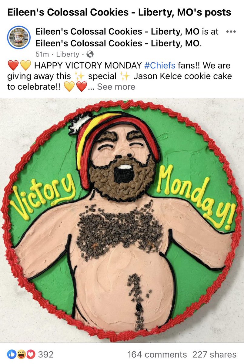 . @JasonKelce is so popular in the State of Missouri, he has inspired his own cookie cake from his viral moment at the #Chiefs game yesterday. The cookie cake is from Eileen’s Colossal Cookies in Liberty, Missouri. @tkelce @newheightshow