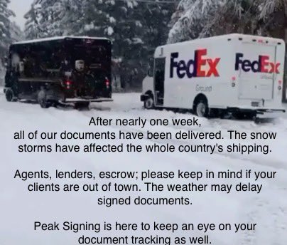 PeakSigning's tweet photo. These winter storms across the country has caused many document delays. The panic was real ❄️

#realestate #mortgage #escrow https://t.co/2Uo3xFfGRV
