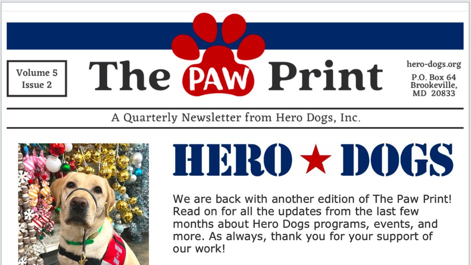 🗞️ The latest edition of #ThePawPrint was delivered to your inbox this morning! This issue's #facilitydog spotlight is on #HeroDogs Max of the Ocean City Fire Department; visit conta.cc/47H42Dl to see what's been going on at Hero Dogs!⁣⁣⁣