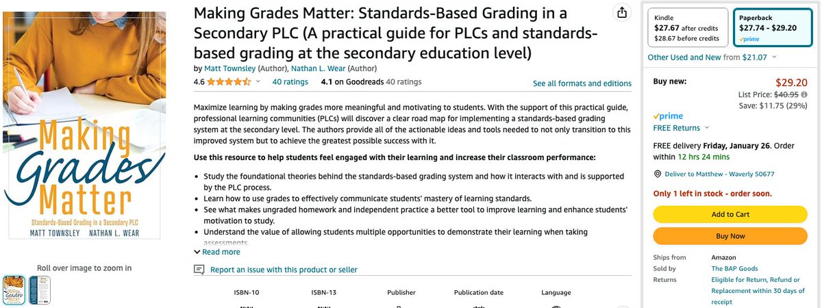With the support of this practical guide, professional learning communities (PLCs) will discover a clear road map for implementing a standards-based grading system at the secondary level.  

On sale today for <$30 w/FREE Prime shipping. #sblchat 

➡️a.co/d/iU0Vr9C