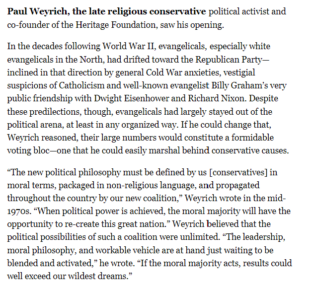 "Paul Weyrich, the late religious conservative political activist &amp; co-founder of the Heritage Foundation" &amp; the Council 4 National Policy, a Christian Right umbrella, wrote that their theocratic agenda "must be packaged," i.e., masked, in "non-religious language." #ShadowNetwork