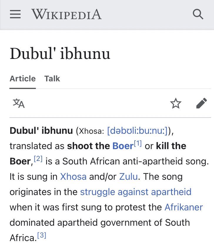 EndWokeness's tweet photo. According to Wikipedia: 

"Kill The Boer" = anti-apartheid song 
"White Lives Matter" = neo-Nazi slogan https://t.co/vBNnZivjKH