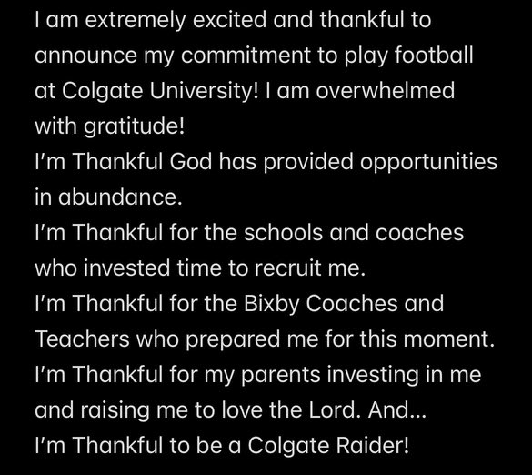 Committed! <a href="/RecruitBixbyFB/">Recruit Bixby Spartan FB</a> <a href="/BixbySpartanFB/">BixbySpartanFootball</a> <a href="/Coach_Dakosty/">Stan Dakosty</a> <a href="/Rays_World9/">Uncle Ray</a> <a href="/CoachBelfiori/">JORDAN BELFIORI</a>