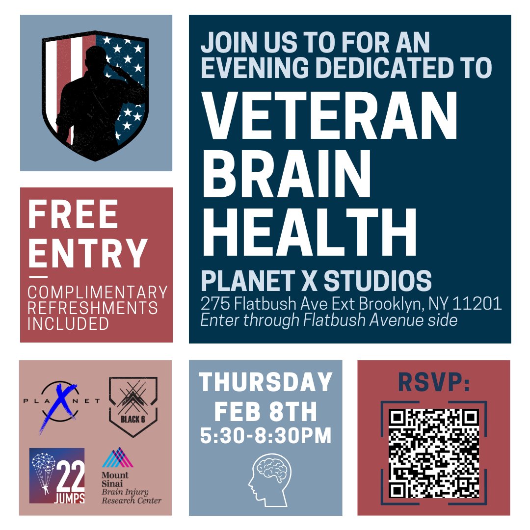 YOU ARE INVITED to Planet X Studios on Thursday, Feb 8th at 5:30pm for a night dedicated to #VeteranBrainHealth! We are looking forward to having meaningful discussions & socializing with TBI researchers & our #Veteran community RSVP: shorturl.at/hjFS0 Attendance is FREE!