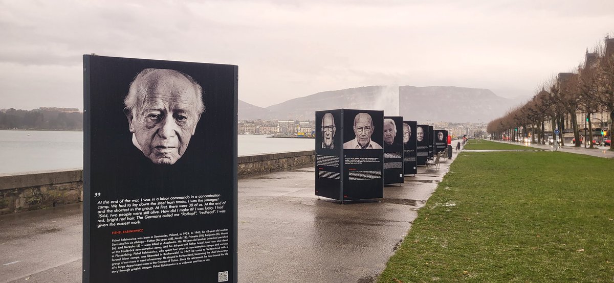IsraelinGeneva's tweet photo. Beautiful tribute to the last Swiss Holocaust Survivors!

The portraits &amp; stories of 32 men and women who survived the Shoah, 
will be on display in front of @UNHumanRights in Geneva, for the next two weeks.

A vivid reminder of the danger of the rise of antisemitism &amp; hatred. https://t.co/JZOC5KKjq3