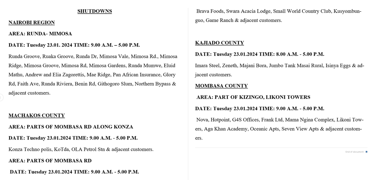 KenyaPower_Care's tweet photo. Hello. The following areas will be affected by planned maintenance tomorrow 23.01.2024 ^CK https://t.co/F3LCL2tcfl