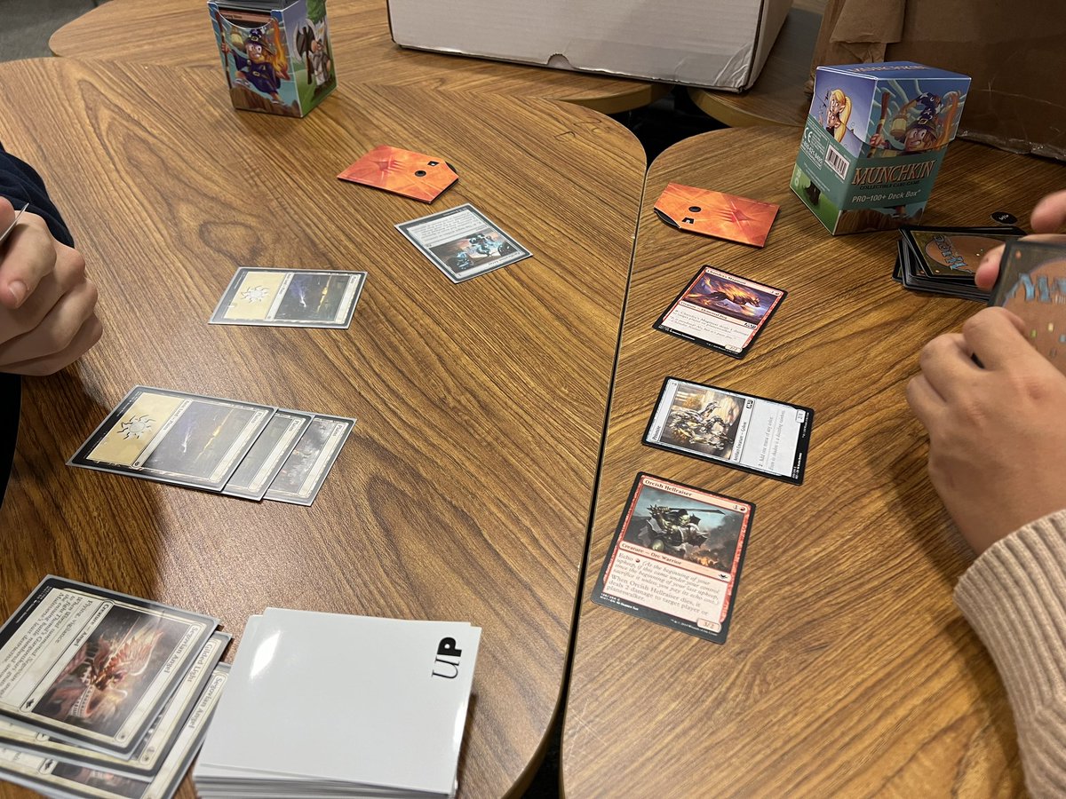 Thanks to the hard work of some dope students, we now have MTG decks ready for play in the library! Thanks to <a href="/magikidsMTG/">MagiKids.org ♻️ MTGSchools</a> for supporting our library! I am over the moon with their excitement. #cpoe #katylibraries #MagicTheGathering