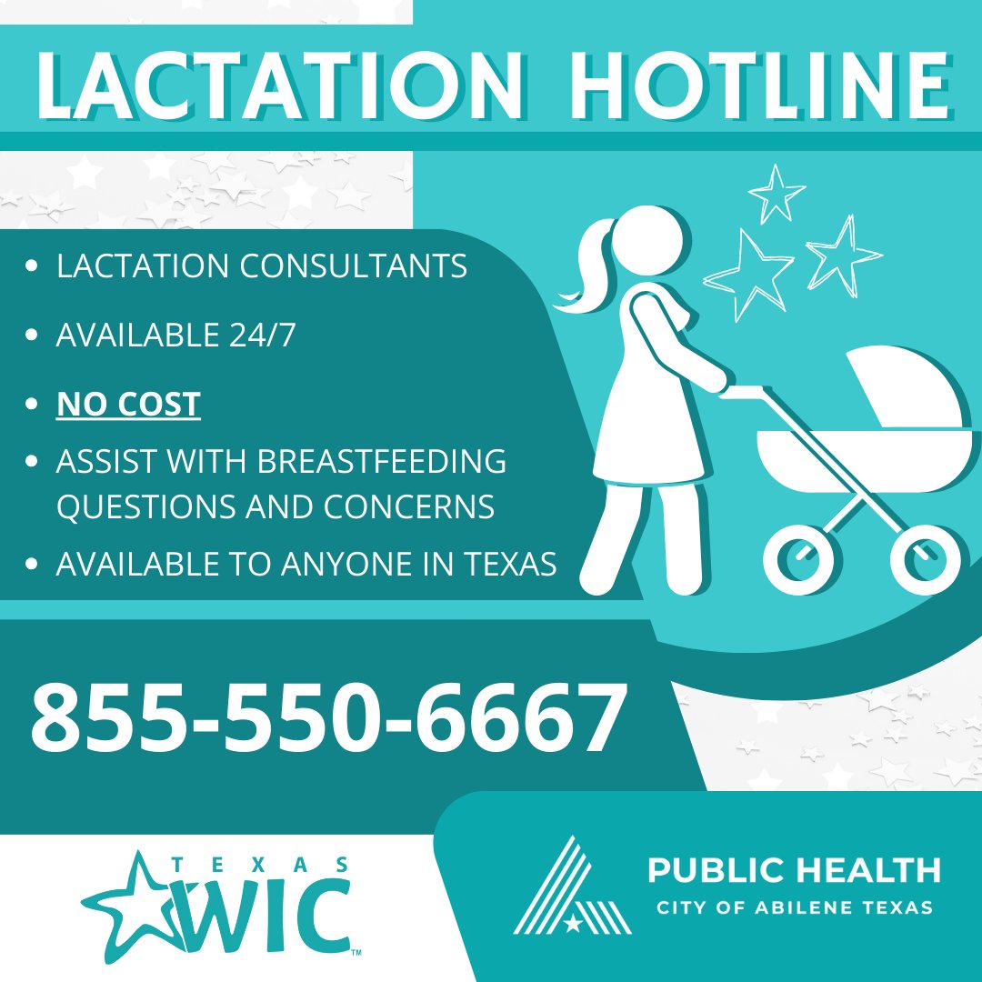 AbileneHealth's tweet photo. Did you know that there is a 100% FREE hotline to help you with breastfeeding? #TexasWIC is ready to help you 24/7! #AbileneWIC #ATCPHD #Breastfeeding #HealthandWellness https://t.co/6hZBI4Y2kn