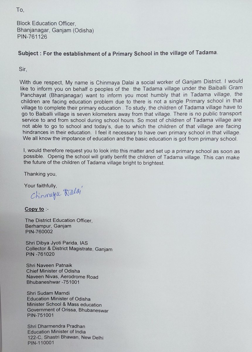 For the establishment of a Primary School in the Village of Tadama. 
Respected <a href="/deoganjam/">DEO GANJAM</a> ,<a href="/Ganjam_Admin/">Collector & District Magistrate, Ganjam</a> ,<a href="/DJ_dibyajyoti/">Dibyajyoti Parida</a> ,<a href="/CMO_Odisha/">CMO Odisha</a> ,<a href="/SMEOdisha/">EducationOdisha</a> ,<a href="/EduMinOfIndia/">Ministry of Education</a> ,<a href="/dpradhanbjp/">Dharmendra Pradhan</a> ,<a href="/GovernorOdisha/">Governor Odisha</a> ,<a href="/BBhanjanagar/">BDO BHANJANAGAR</a> ,<a href="/sdmbnj/">Sub-Collector & SDM Bhanjanagar</a> ,<a href="/DHE_Odisha/">Higher Education Department, Govt. of Odisha 🇮🇳</a> 
Sir, please look in to this matter 🙏🙏🙏🙏🙏