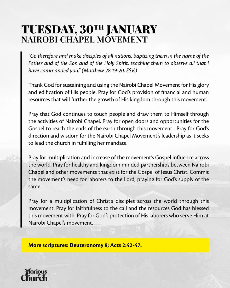 NairobiChapel's tweet image. Day 23 | 24 Days of Prayer &amp;amp; Fasting
Bible Ref: Matthew 28:19-20, ESV
NAIROBI CHAPEL MOVEMENT

Thank God for the Nairobi Chapel Movement.
Pray for God’s direction and wisdom for the leadership as it seeks to lead the church in fulfilling her mandate.

#GrowingDeepToReachWide