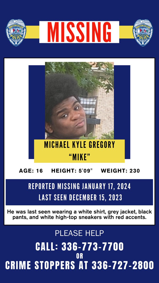 ***MISSING PERSON***
We need your help locating Michael Gregory, a 16-year-old male with black hair and brown eyes. He is approximately 5’9” and weighs 230 lbs. Mr. Gregory was last seen wearing white shirt, grey shirt, and black pants.