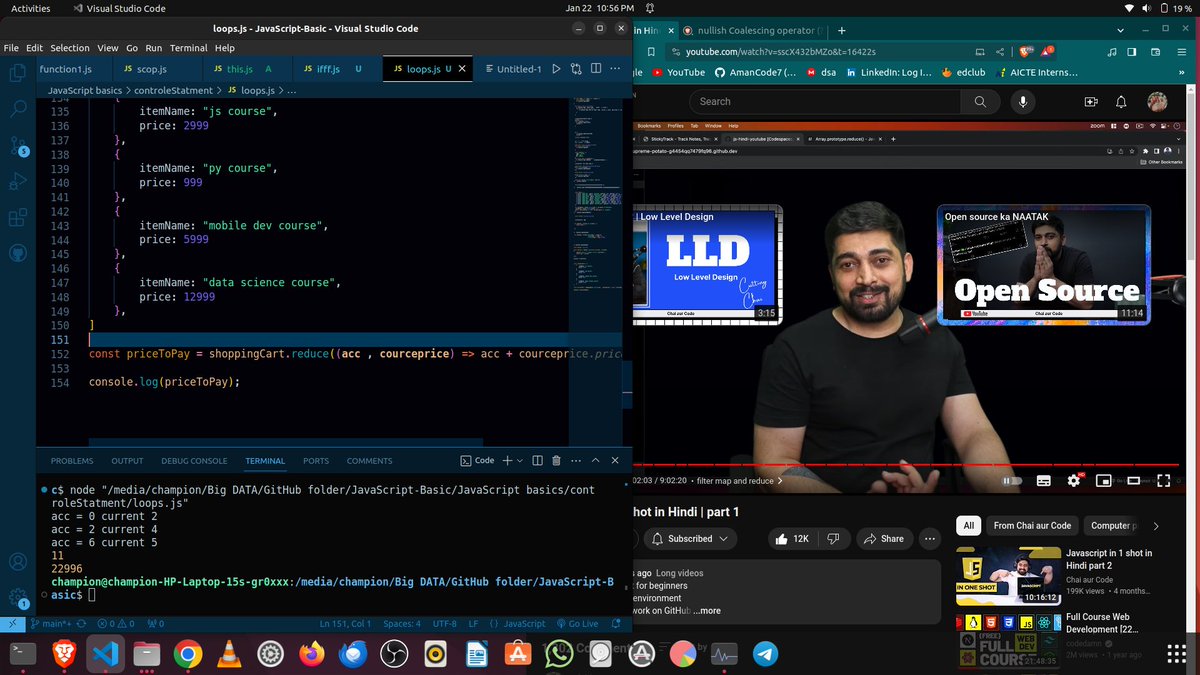 Amanc77's tweet image. Day 73 of #100DaysOfCode
Today I revised more topics of #javascript
1) functions
2) loops
3) map , reduce , filter
Thank You @Hiteshdotcom sir for providing such amazing content for free.
#chaiaurJavaScript