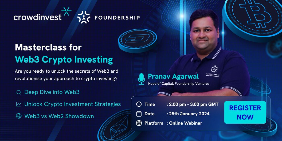 We have collaborated with @FoundershipHQ to bring you an exclusive #webinar, #Masterclass for #Web3 #Crypto #Investing. 🗓️ Save the Date: Jan 25 ⏰ Time: 2 - 3 PM GMT Check the event page & secure your spot 👉 lu.ma/web3investing See ya👋 #DecentralizedFuture