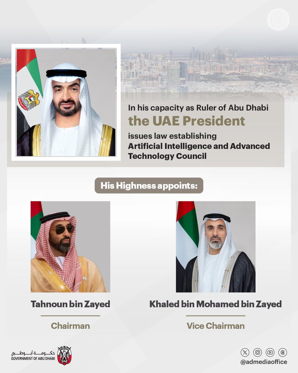 In his capacity as Ruler of Abu Dhabi, UAE President issues law establishing Artificial Intelligence and Advanced Technology Council #WamNews wam.ae/a/b1a3aww