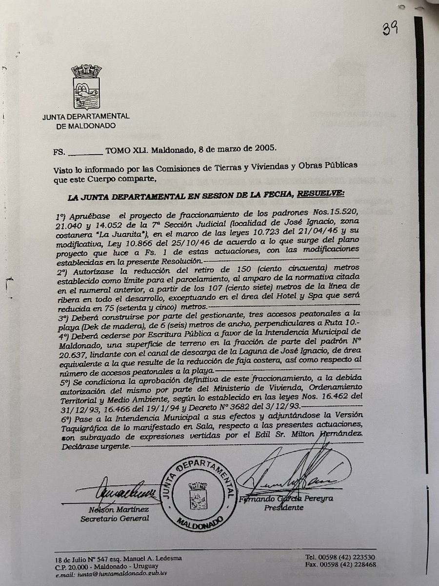 joaquingarlo's tweet photo. Se dice en @Estabocaesmia12 que el fraccionamiento lindero al predio donde se pretende construir “hotel de campo” sobre la playa en La Juanita fue en gobierno del Frente Amplio. 

Eso es falso y aquí están las pruebas: aprobado por la Junta el 8 de marzo de 2005, gobierno del PN. https://t.co/zgTTX2ZOaM
