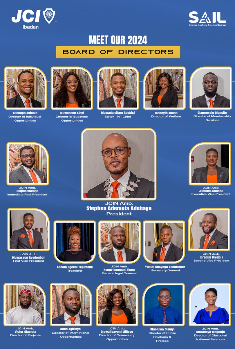 JCI_Ibadan's tweet photo. We're super excited to introduce the awesome folks on the 2024 JCI Ibadan Board. These amazing individuals are all in, offering up their skills, time, and resources to make sure our Local Organization rocks this year.
#SAIL2024
#JCIIbadan
#GetIntoTheAct
#SEE2024 https://t.co/IGCuwiHret
