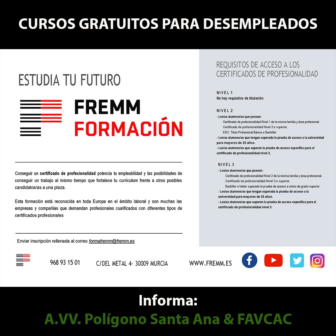 avvpsa's tweet photo. Cursos gratuitos para desempleados
.
(1) --> https://t.co/NATHYOxowK
.
#poligonosantaana #construyendobarrio #avvpoligonosantaana #clubmayoresmayorazgo #dinotorresdealtatension #unlocalsocialyaenpoligonosantaana #FAVCAC #FREMM https://t.co/iEbsWCiQal