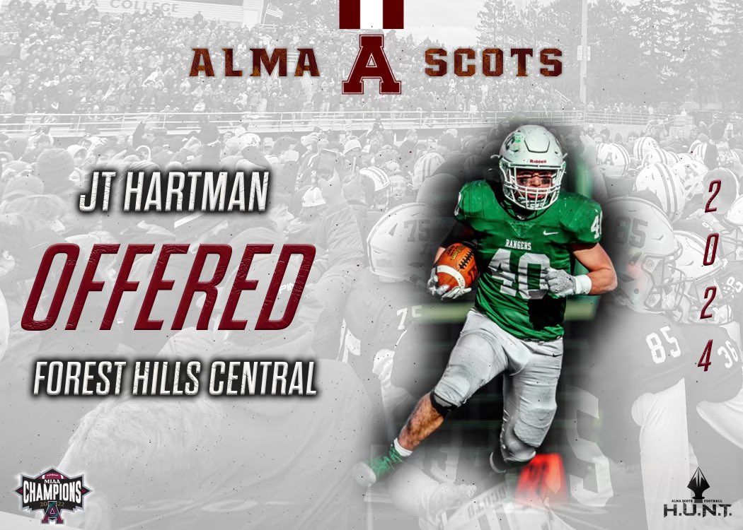 JT Hartman (@jt_hartman) on Twitter photo Honored to receive an offer from Alma College! <a href="/AlmaScotsFB/">Alma College Football</a> Thank you <a href="/CoachP_Alma/">Jason Polmanteer</a> and <a href="/CoachCouchAlma/">Jason Couch</a> for the opportunity! Honored to receive an offer from Alma College! <a href="/AlmaScotsFB/">Alma College Football</a> Thank you <a href="/CoachP_Alma/">Jason Polmanteer</a> and <a href="/CoachCouchAlma/">Jason Couch</a> for the opportunity!