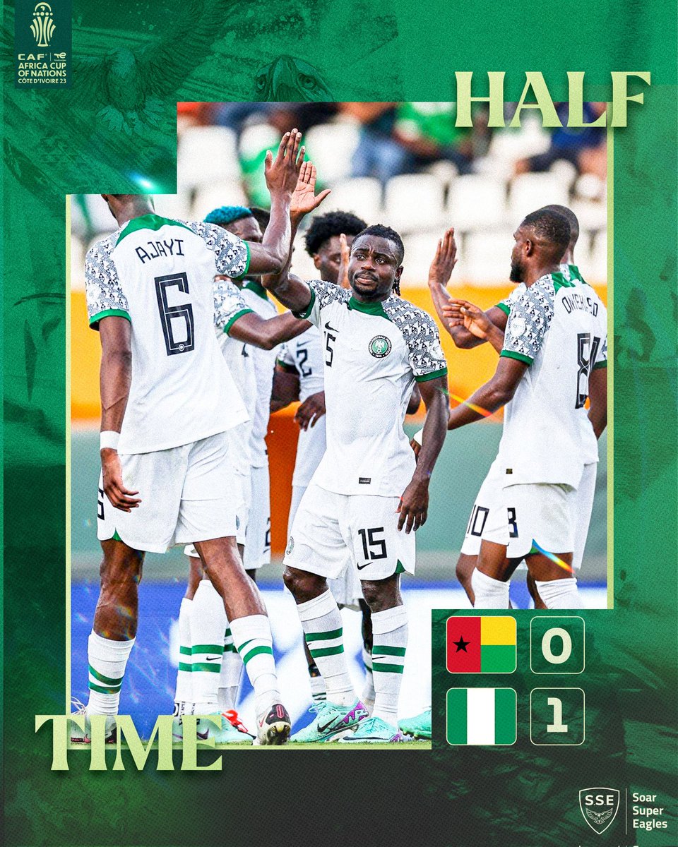 SSE_NGA's tweet photo. The Eagles lead at the break courtesy of an own goal.

#GNBNGA | #AFCON2023 https://t.co/yMZRhcZAsI