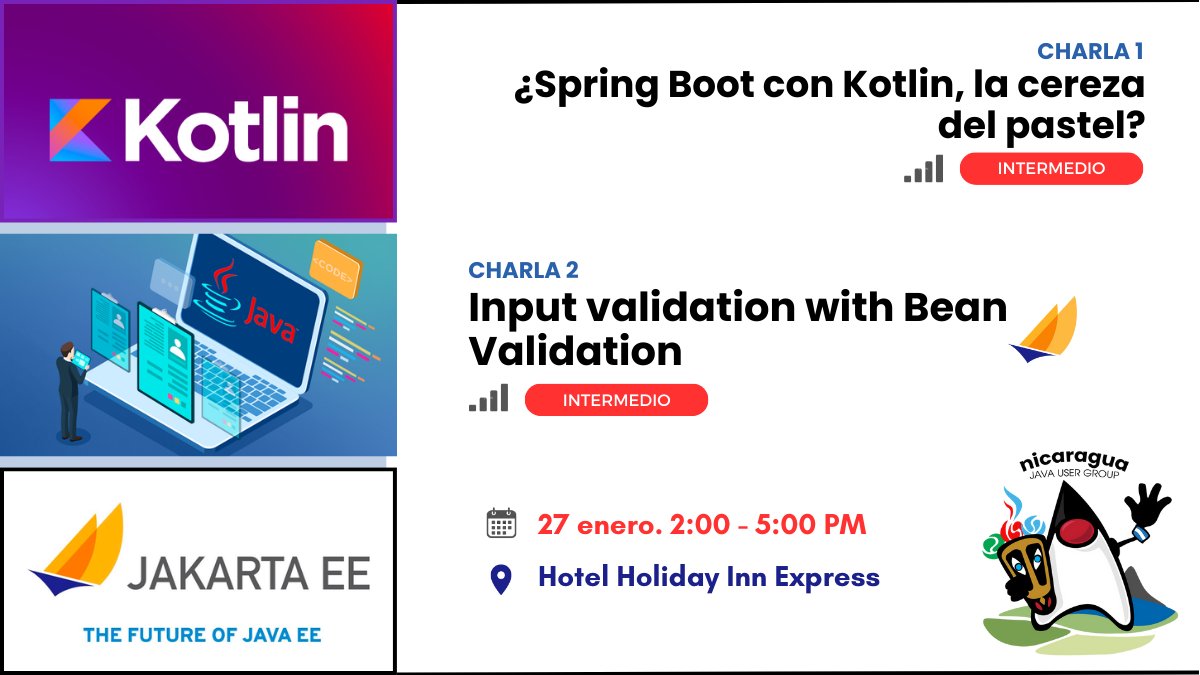 jugnicaragua's tweet photo. Iniciamos fuerte el 2024, con nuestro primer meetup, este 27 de Enero.
#Java Evolution: Innovando con #SpringBoot, #Kotlin, #jakartaEE y #BeanValidation
Registra tu asistencia aqui:
https://t.co/mVEmQr6SwH
#jugEvents #javaCommunity https://t.co/IhDUgcmYsg