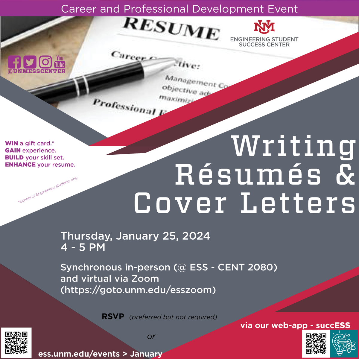 UNMESSCenter's tweet photo. Interested in improving your resume and cover letter? Don't miss out on this great opportunity this Thursday, January 25th 4-5PM. 

For more details see flyer below. https://t.co/rdKPU65r9B
