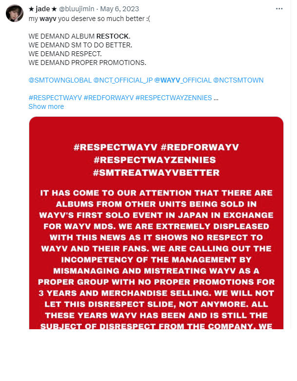 notobullies3's tweet photo. @SMTOWNGLOBAL , why is your staff blaming #WayV❓ Do you want WayV to promote themselves❓ They DID IT as much as they could although IT IS YOUR RESPONSIBILITY TO MANAGE AND PROMOTE YOUR ARTISTS. @SMTOWNGLOBAL, and what about your songwriters❓
#SMTREATWAYVBETTER #RESPECTWAYV https://t.co/7CbkDAsdrZ