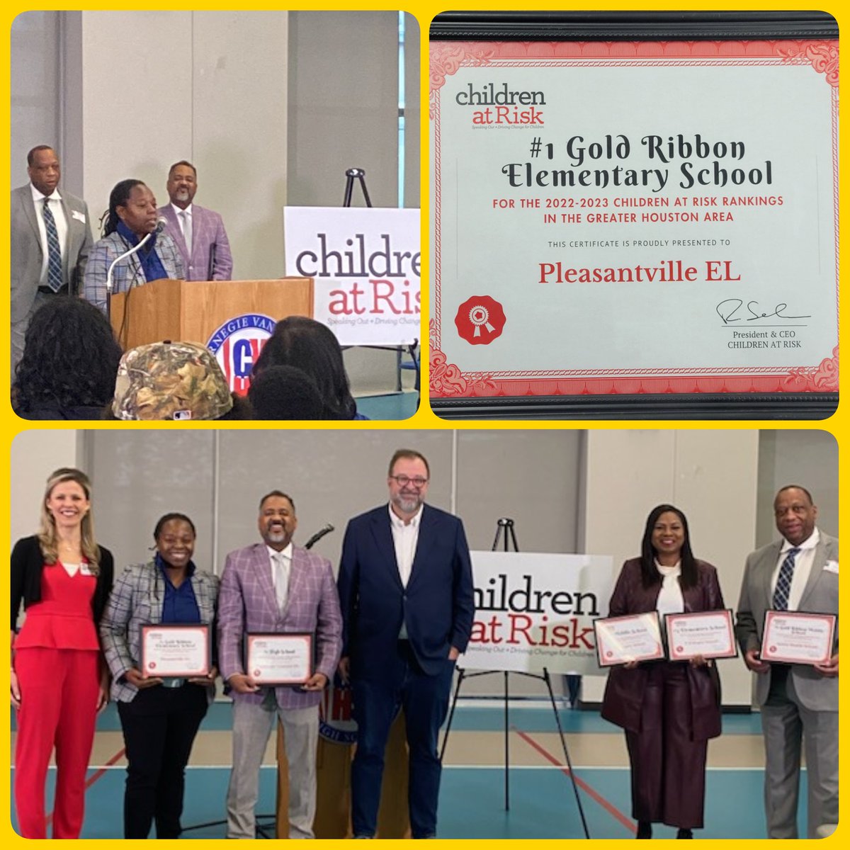 We at @PleasantvilleES are throughly honored and excited to be named the #1 Gold Ribbon Ribbon Elementary School in the Greater Houston area by @childrenatrisk! Gratitude to the faculty, staff, and students for always working toward #DestinationExcellence!