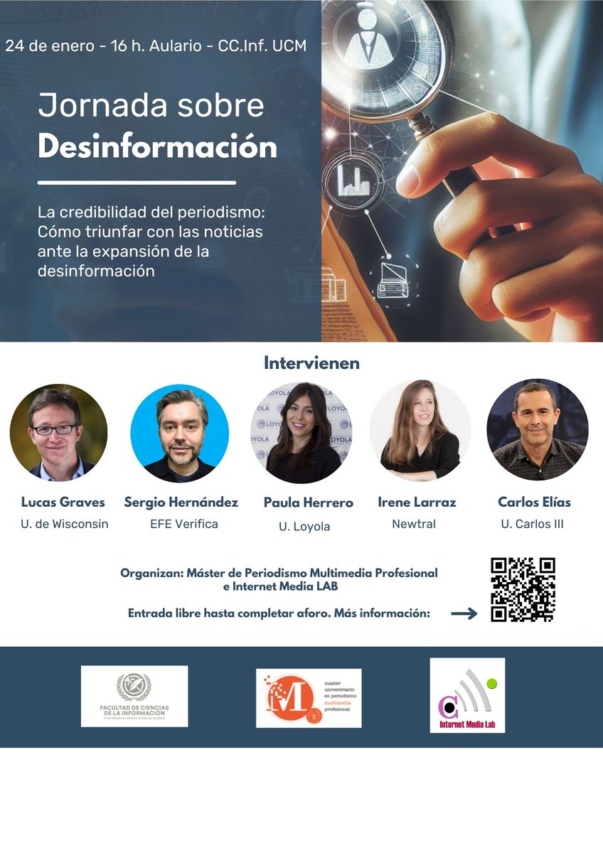 El miércoles, desde el Máster de Periodismo Multimedia y Profesional de la <a href="/UCMccinf/">Facultad Ciencias Información</a>, organizamos una jornada sobre #desinformación y #periodismo. Participan <a href="/gravesmatter/">Lucas Graves</a>, <a href="/carloseliasuc3m/">CARLOS ELIAS</a>, <a href="/paulaherrerodiz/">Paula Herrero Diz</a>, <a href="/Sirgador/">Sergio Hernández</a> e <a href="/irenelarraz/">Irene Larraz</a>. Estáis invitados: