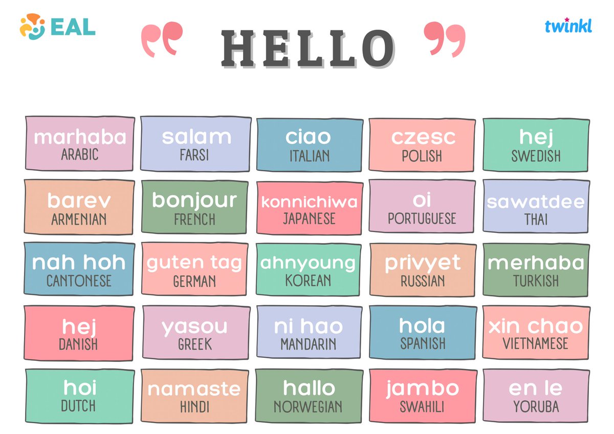 twinkl_eal's tweet photo. It’s #MultilingualMonday why not learn ‘Hello’ in the home languages of your learners and make them smile this week 😊🧡

What other languages do you know ‘Hello’ in? 👋 

#multilingual #bilingual #multilingualism #hello #edchat #edutwitter #languages https://t.co/V07O4VdTbI