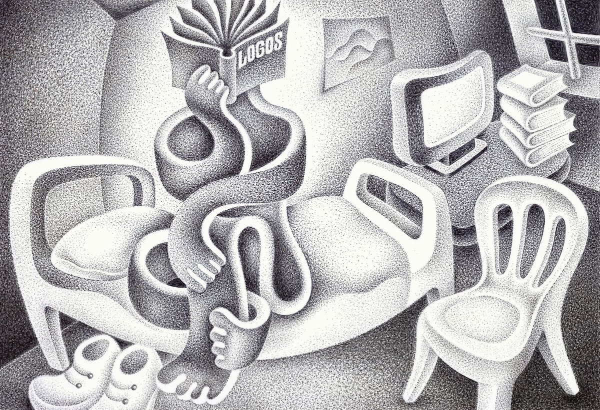 A wide angle picture of my narrow cell. I am PAPERMAN now. PAPERMAN is a character shaped by six and a half years spent reading, writing, thinking and drawing a little. The image consists of hundreds of thousands of black dots. In the DARK WHITE #DARKWHITE grafill.no