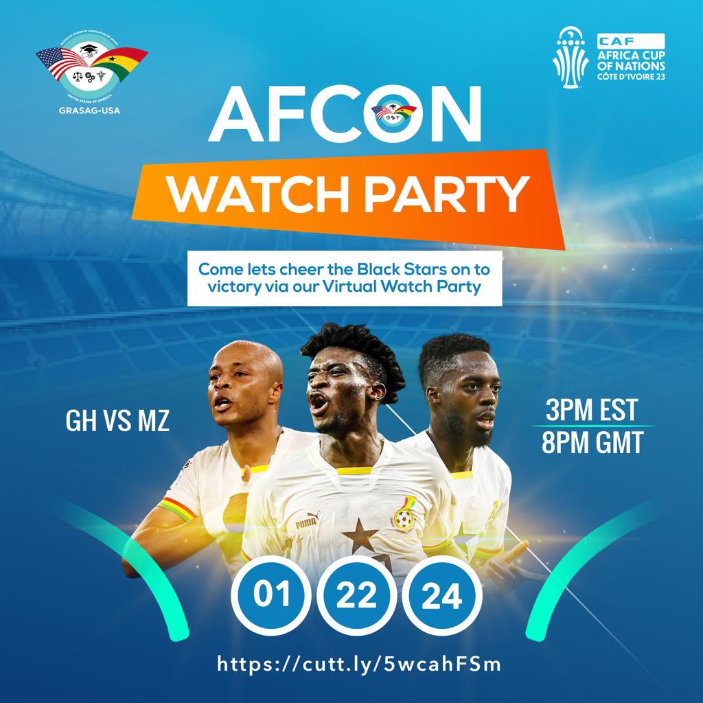 *Hope you have no plans for Ghana’s match today!*

GRASAG USA has organized AFCON watch party 🎉 

Come let’s cheer the black stars together on their victory. This will be a virtual watch party.

Don’t miss this. It’s going to be fun!!! 🤩

umd.zoom.us/j/8727625114?p…