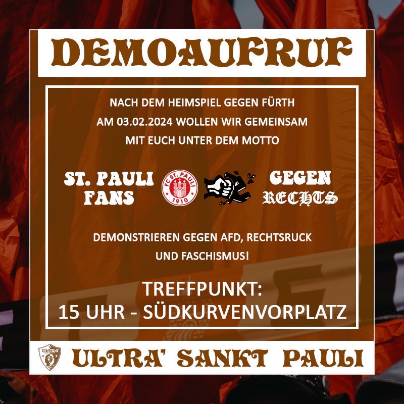 SANKT PAULI FANS GEGEN RECHTS - MEHR ALS NUR LEERE WORTE!
#fcsp #fcspspvgg #alerta #noafd #RefugeesWelcome 

Weitere Infos unter:
usp.stpaulifans.de/2024/01/sankt-…