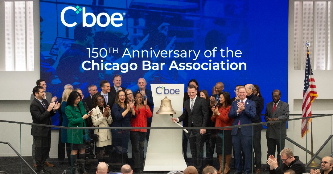 ChicagoBarAssoc's tweet photo. CBA President Ray J. Koenig III rang the iconic opening bell @Cboe this morning, surrounded by CBA past presidents and current and former board members in honor of our 150th Anniversary. Go to https://t.co/93vT4xpm3K to see a list of events planned for this year. #CBA150 https://t.co/Ak7P309muh