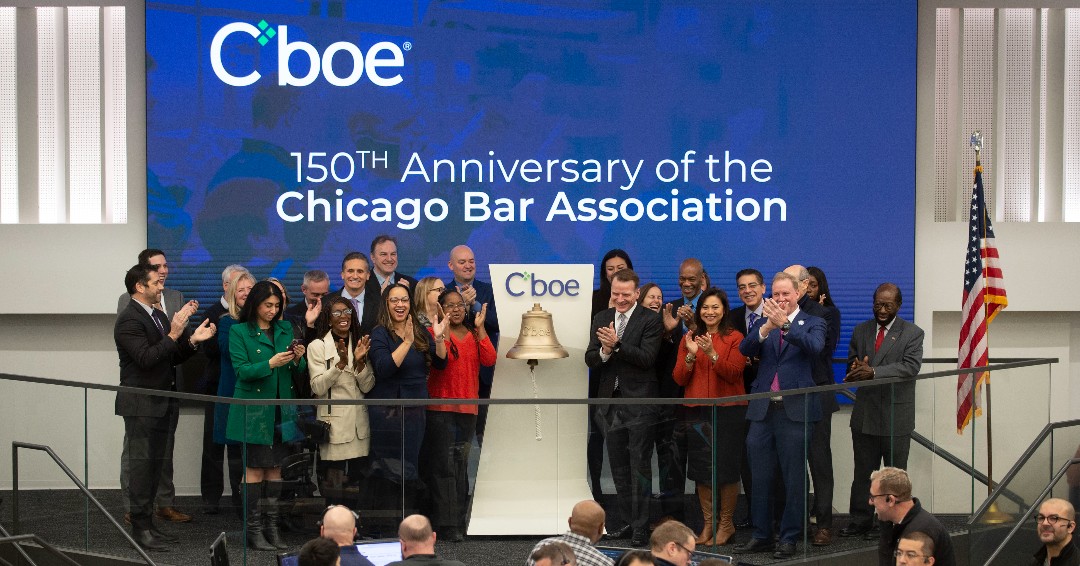 ChicagoBarAssoc's tweet photo. CBA President Ray J. Koenig III rang the iconic opening bell @Cboe this morning, surrounded by CBA past presidents and current and former board members in honor of our 150th Anniversary. Go to https://t.co/93vT4xpm3K to see a list of events planned for this year. #CBA150 https://t.co/Ak7P309muh