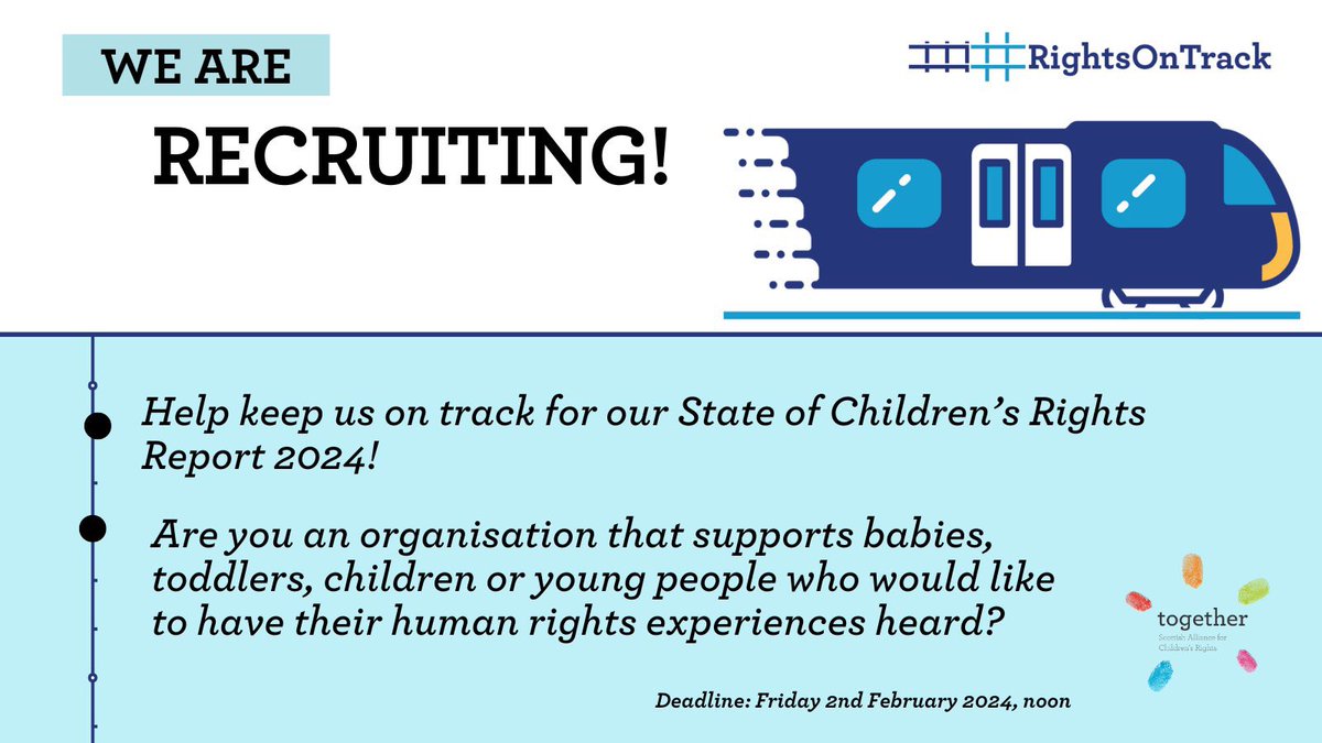 🚂 Help @together_sacr stay on track for our State of Children’s Rights Report 2024 #RightsOnTrack

Are you an organisation that supports babies, toddlers, children or young people who would like to have their human rights experiences heard?

Apply here: togetherscotland.org.uk/news-and-event…
