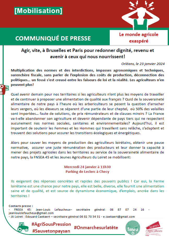 fnsea45's tweet photo. Le monde agricole exaspéré 😡 ➡️Vite des réponses concrètes et applicables ‼️ La @fnsea45 et @JALoiret en action ce mercredi 24 janvier à Checy (45). Retrouvez le communiqué de presse ⤵️ @FNSEA @JeunesAgri https://t.co/mTI3SQTYfo