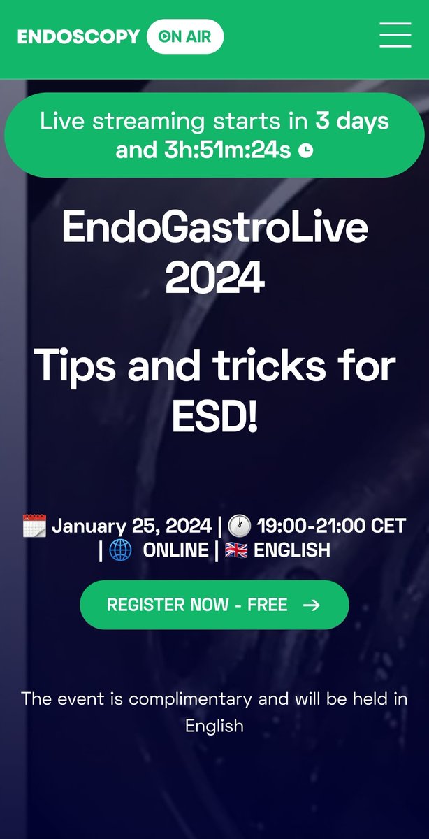 📢📢📢⚠️It's happening! Just a bit more than 3 days... keep you updated on the tips and tricks for a successful ESD. endoscopyonair.com/event/endogast… @endoscopyonair
