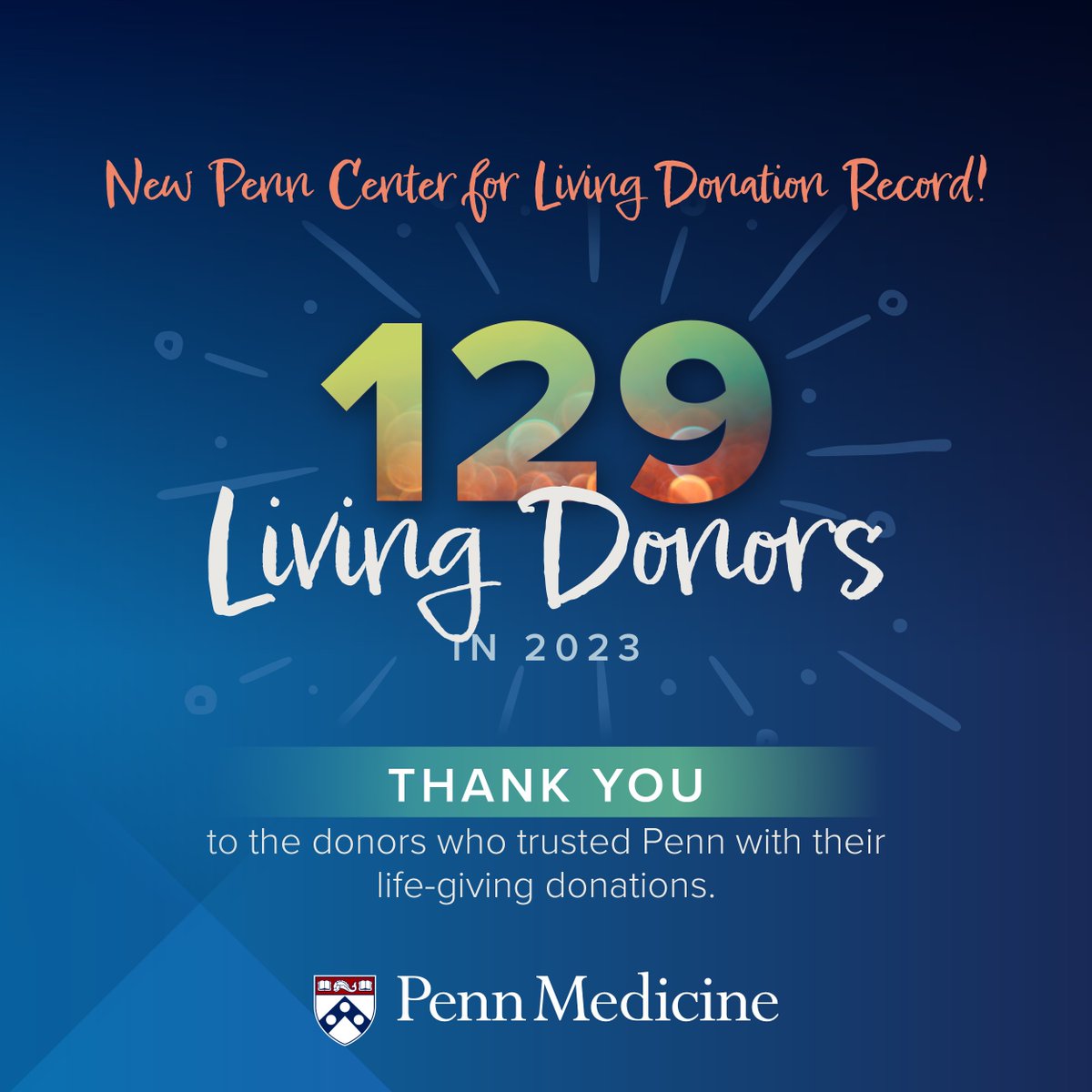 Congratulations to the Penn Center for Living Donation on setting a new record for living donors in one year: 129! Thank you to the donors who trusted Penn with their life-giving donations!