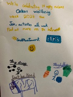 Some great wellbeing tips for this week from one young <a href="/OxleasNHS/">Oxleas NHS</a> supporter - "stay strong, stay healthy, don't be tired"😊. In celebration of our #OxleasWellbeingWeek #GreatPlaceToWork. <a href="/DoctorBeechwood/">Steve Cooksley 💙</a> <a href="/JoMant2/">Jo Mant</a>. (@DesignedByPeta - apprentice designer?)