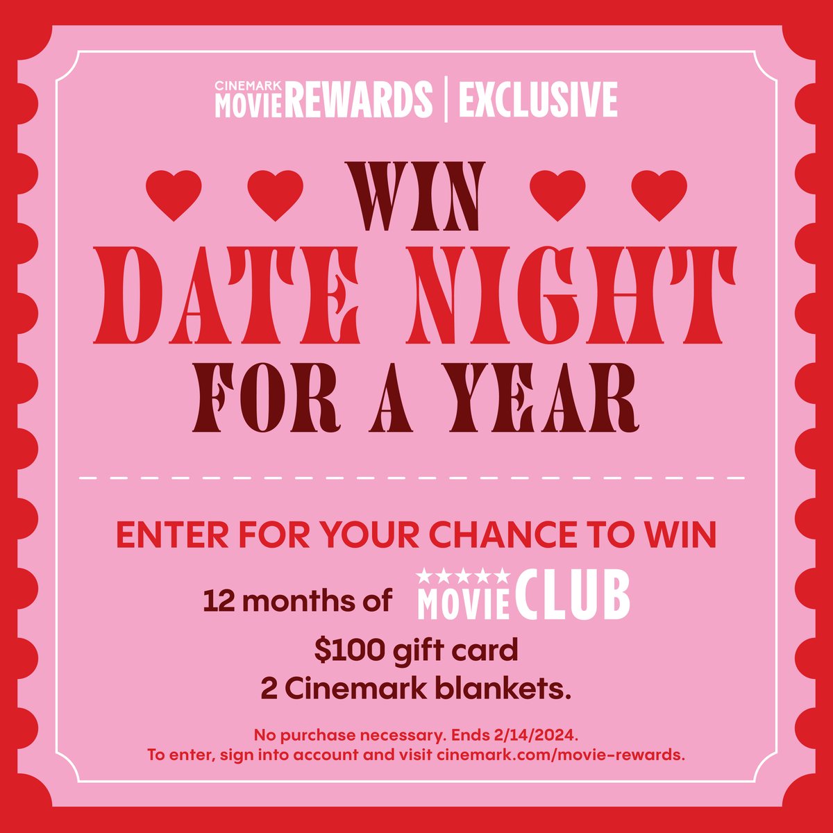 Cinemark's tweet photo. Cinemark Movie Rewards members,

Win 💕DATE NIGHT for a year💕!

Enter here: https://t.co/ObxSq7ILJQ https://t.co/1eCBGrgCB4
