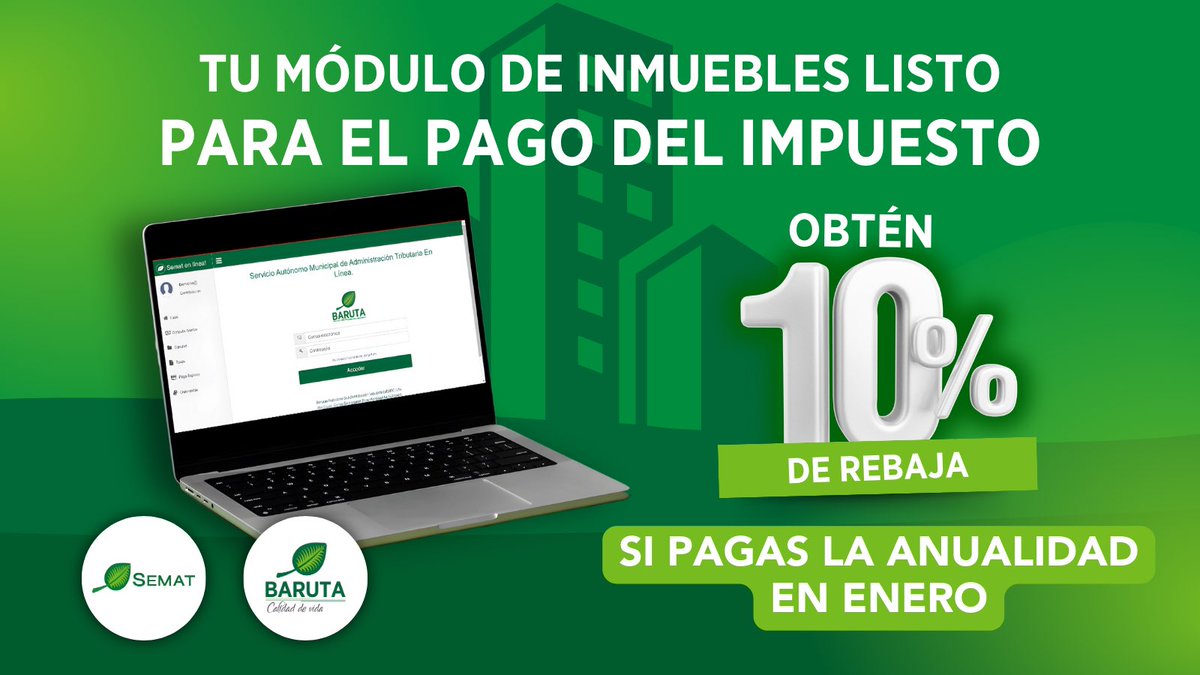 Sematbaruta's tweet photo. Contribuyente Baruta, la Oficina Virtual está 100% operativa, con los cálculos adaptados a la nueva ordenanza, para tus trámites completamente online. No dejes pasar la oportunidad de obtener 🔟% de rebaja en el pago de la anualidad, si lo realizas durante el mes de enero. https://t.co/Ffzs7n1bSp